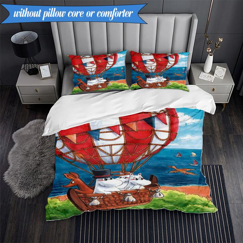 3PCS White Hippo Fishing Adventure Bedding Set,Including 1pc Duvet Cover And 2pcs Pillowcases Perfect for Bedroom, Dormitory, Fan Christmas Gift