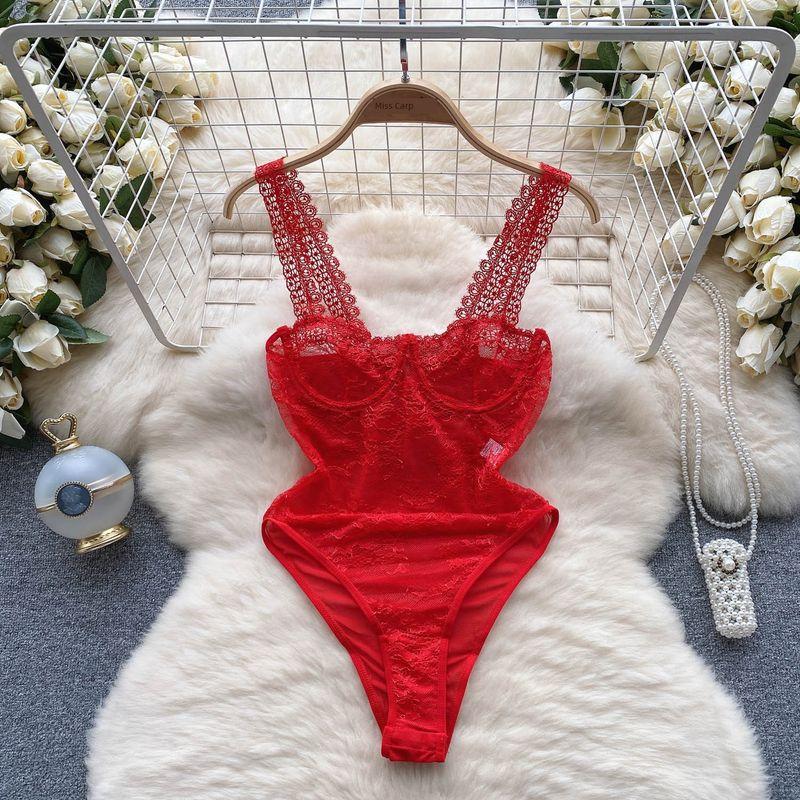 

Fashion Fashion Sexy Lace Lace Spaghetti-Strap V Neck Jumpsuit Silm Slimming Mesh Base All-Matching Jumpsuit Red M