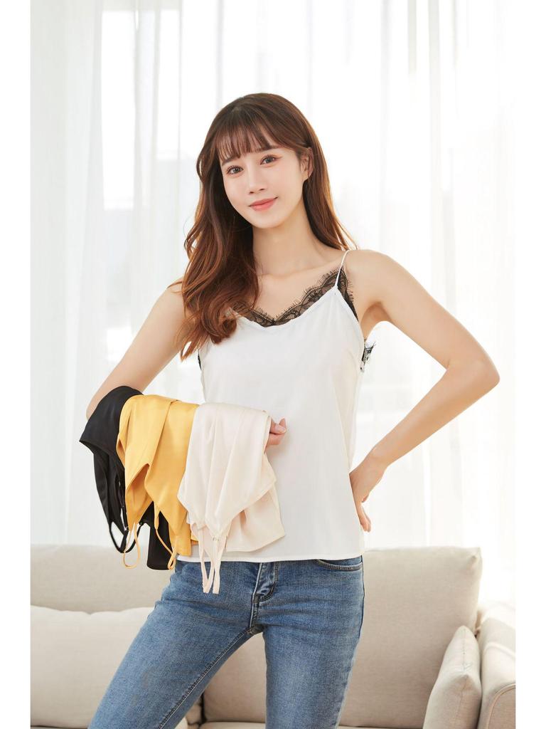 New Spring/Summer Loose Backless Solid Color Silk V-Neck Lace Camisole for Women