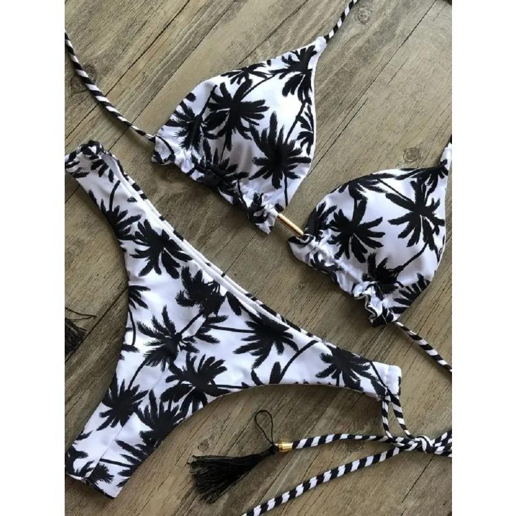 Sexy Black and White Coconut Tree Printed Bikini Sets Women Swimsuit Triangle Halter Swimwear Bathing Suit Brazilian