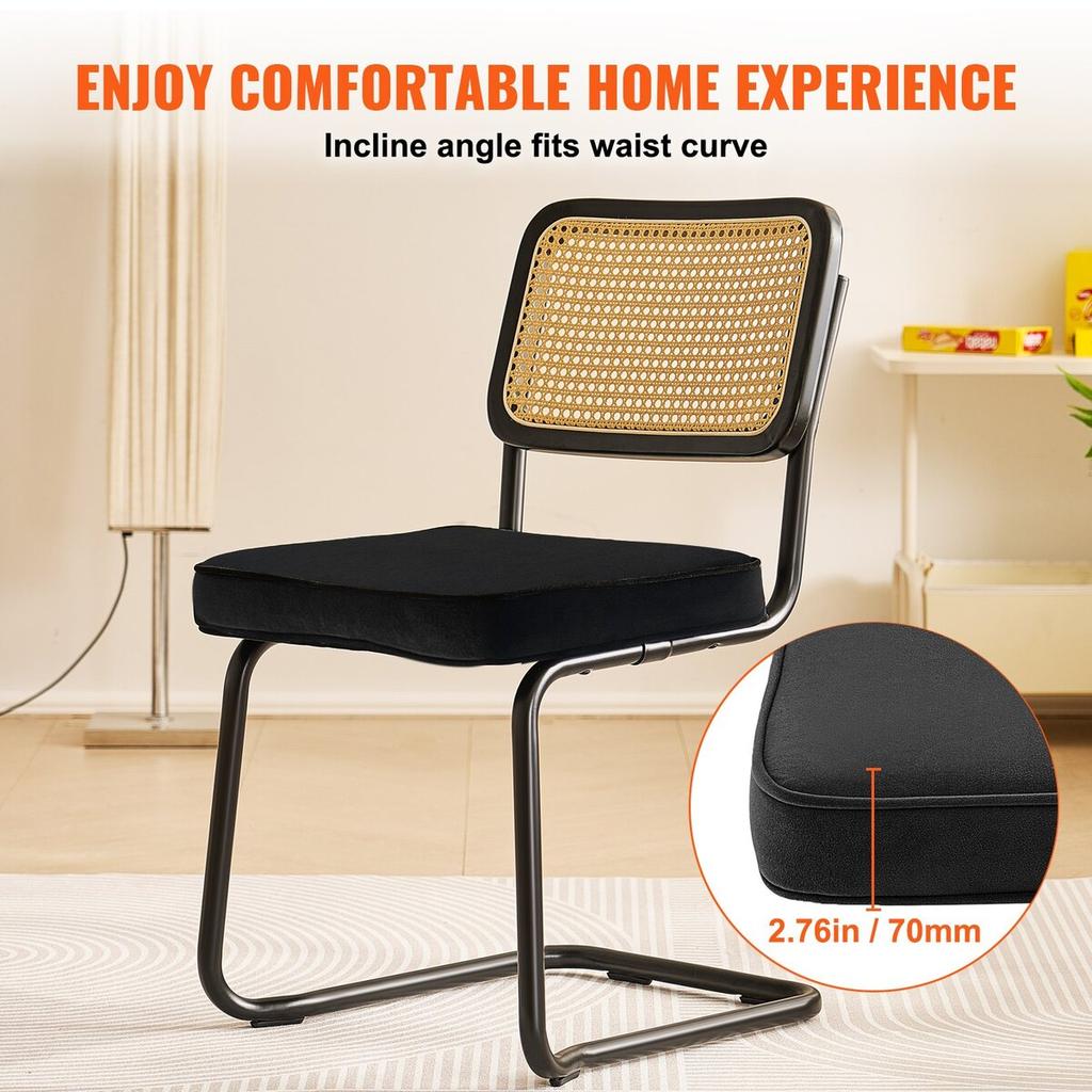 Rattan Chairs, Set of 2, Mid Century Modern Dining Chair, Upholstered Velvet Accent Chair with Rattan Back, Retro Dining Room Kitchen Chair for Living