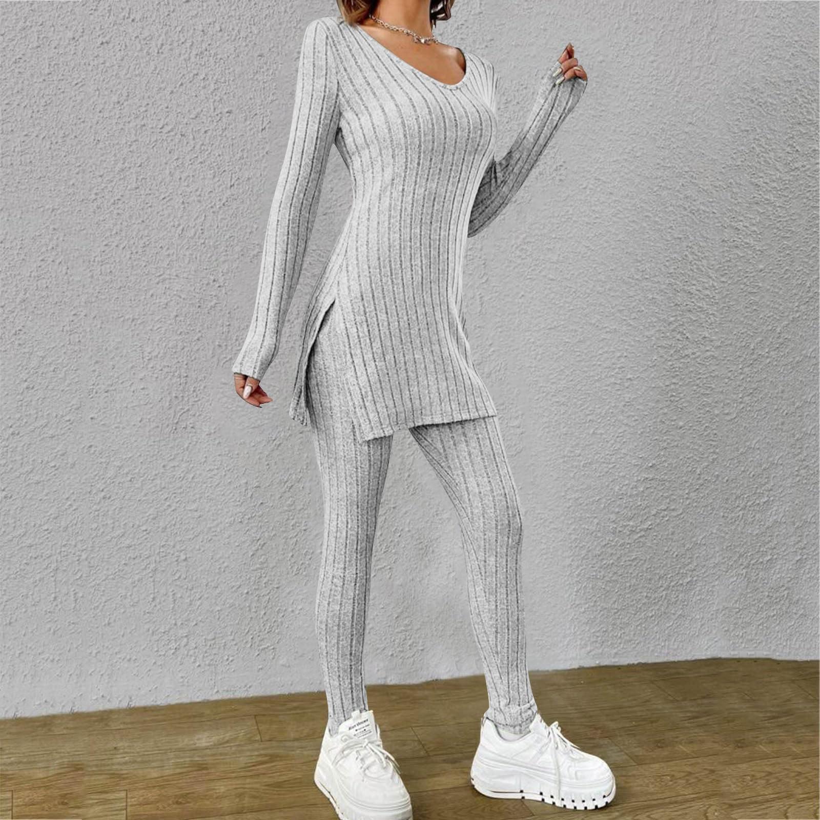 

Женская мода с длинным рукавом, весенний повседневный костюм с длинным рукавом и V-образным вырезом, свободные брюки M светло-серый