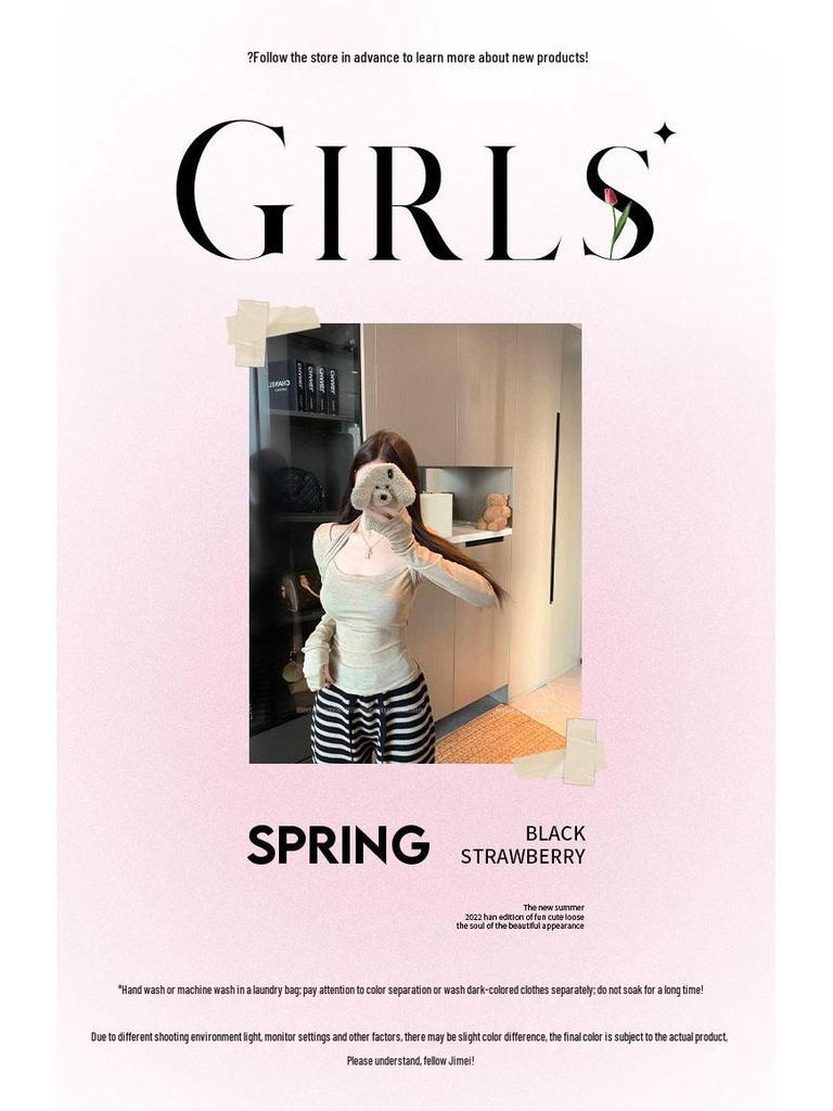 Korean Patchwork Square Neck Halterneck Long Sleeve T-shirt: Women's Slim Fit Early Spring Base Layer Pullover Top.