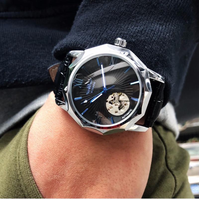WINNER Blue Ocean Geometry Design  Transparent Skeleton Dial Mens Watch Top Brand Luxury Automatic Fashion Mechanical Watch Clock