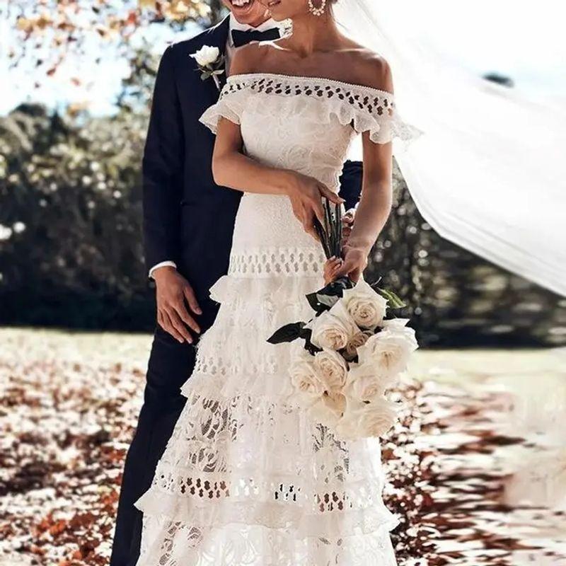 European and American Women clothes off-Shoulder Frill Hollow Big Hemline Lace Dress Photography Formal Dress Lace Dress