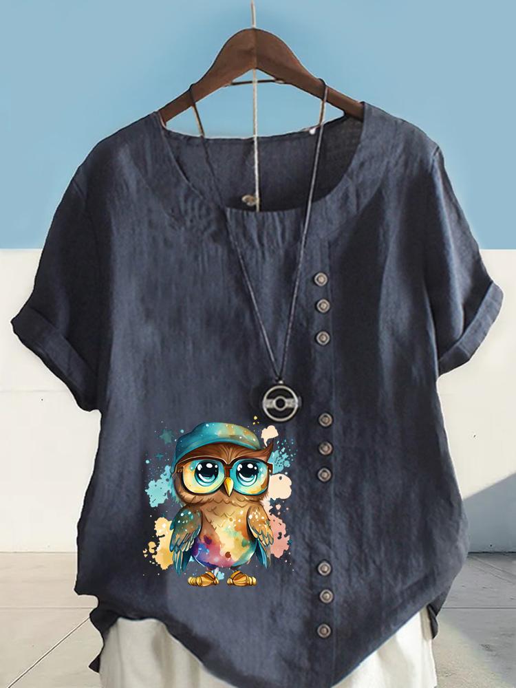 Women's Fashion Cool Owl Print Round Neck Short Sleeve T-shirt Casual Cotton Linen Graphic Shirt Leisure Loose Summer Blouse Tops