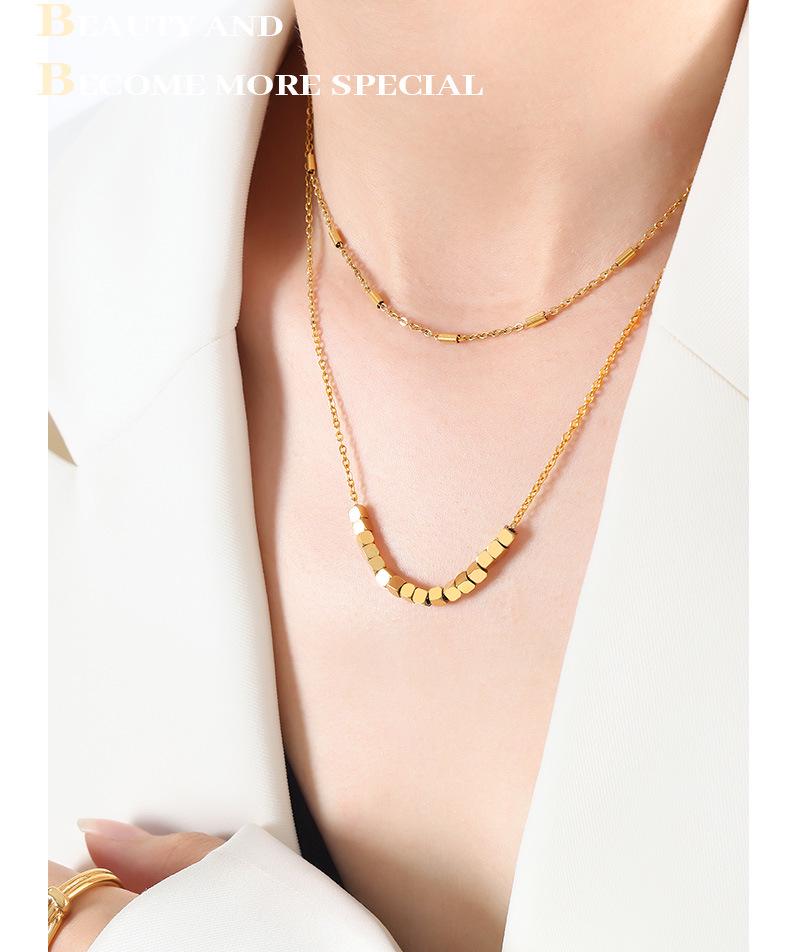 Titanium Steel Double Layer Square Bead Necklace - Non-Fading, Versatile Light Luxury Women's Sweater and Clavicle Chain.