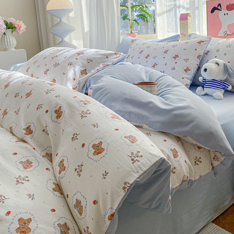 

Washed cotton bed 4pcs set, small fresh student dormitory three-piece set, small floral bed sheet quilt cover 1.2 m 3pc quilt 1.5*2m