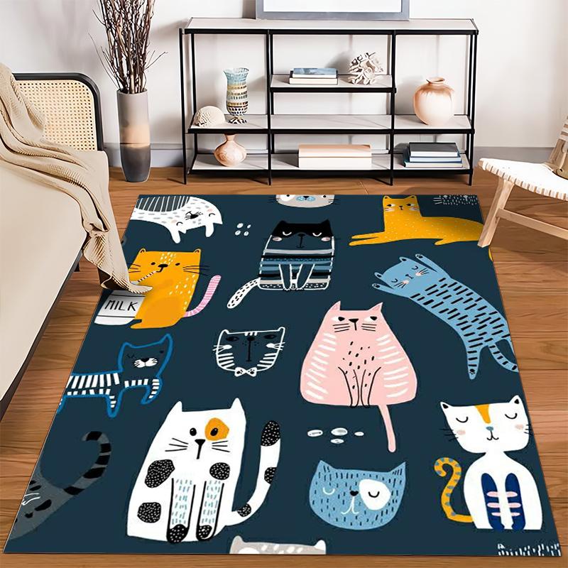 Colorful Cartoon Cat Pattern Carpet with Whimsical Feline Designs in Dark Blue Background Suitable for use as an anti-slip1 for1room and bedroom sofas