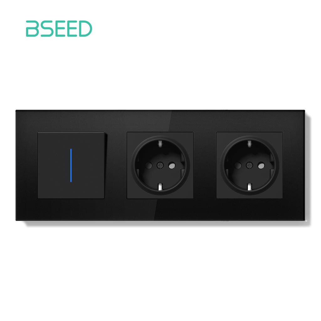 BSEED 1/2Gang Wall Light Switch Mechanical Double Button Switch 1Way With LED EU Sockets USB 20W Type-c Power Ports Glass Panels