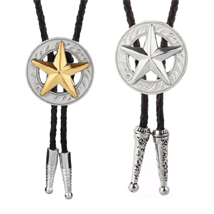 Western Cowboy Vintage Metall Stern Abzeichen Anhänger Bolo Krawatte Geflochtene Lederseil Kordel Krawatte Halskette Schmuck Halsbekleidung