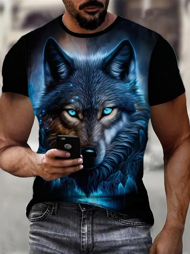 T-shirt da uomo con stampa grafica lupo di fuoco a motivo 3D, estiva, oversize, casual, moda uomo, fitness, manica corta, top
