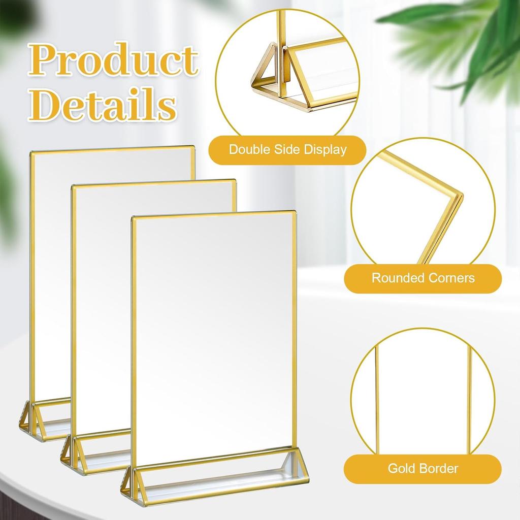 8 Pack Acrylic Sign Holder Gold Borders,4 X 6 Gold Table Number Holders Vertical Stand,Double Sided Clear Picture Frames,Gold Sign Holders Display