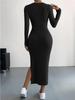 2025 Autumn/Winter Bestseller: European and American Women's Long-Sleeved Round Neck Slit Knit Dress.