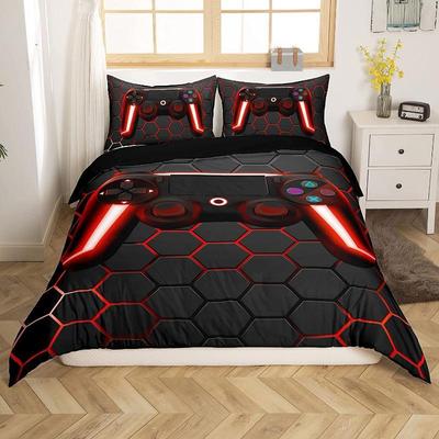 Set husă de plapumă pentru gaming King Roșu Imprimeu fagure Set de lenjerie de pat Poliester Joc Roșu și Negru Noutate Controller Joystick Husă de plapumă