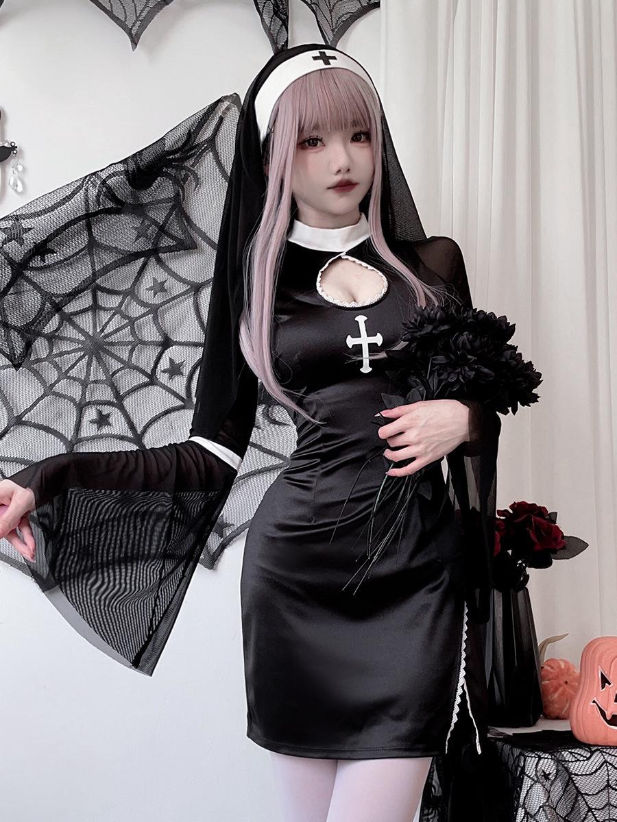 Women Halloween Sexy Nun Cosplay Costume Vampire Cross Dark Gothic Style Black Nun Dress With Headwear Carnival Roleplay Clothes M