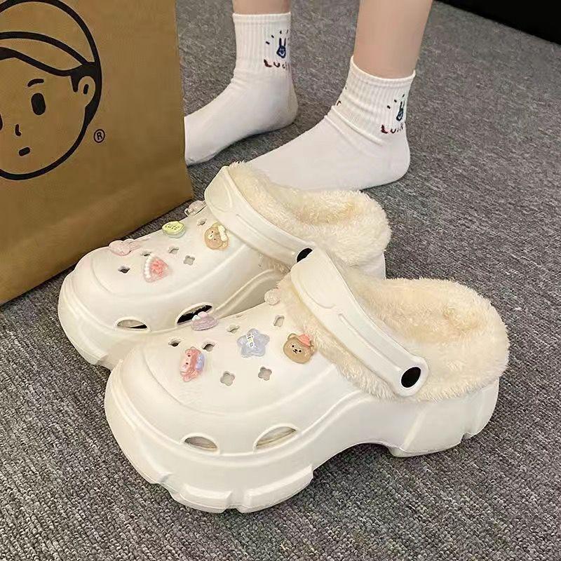 Plus Velvet Cotton Hole Shoes Women's Autumn and Winter Inner Liner Outer Wear Increased Thick-soled Woolen Cotton Slippers