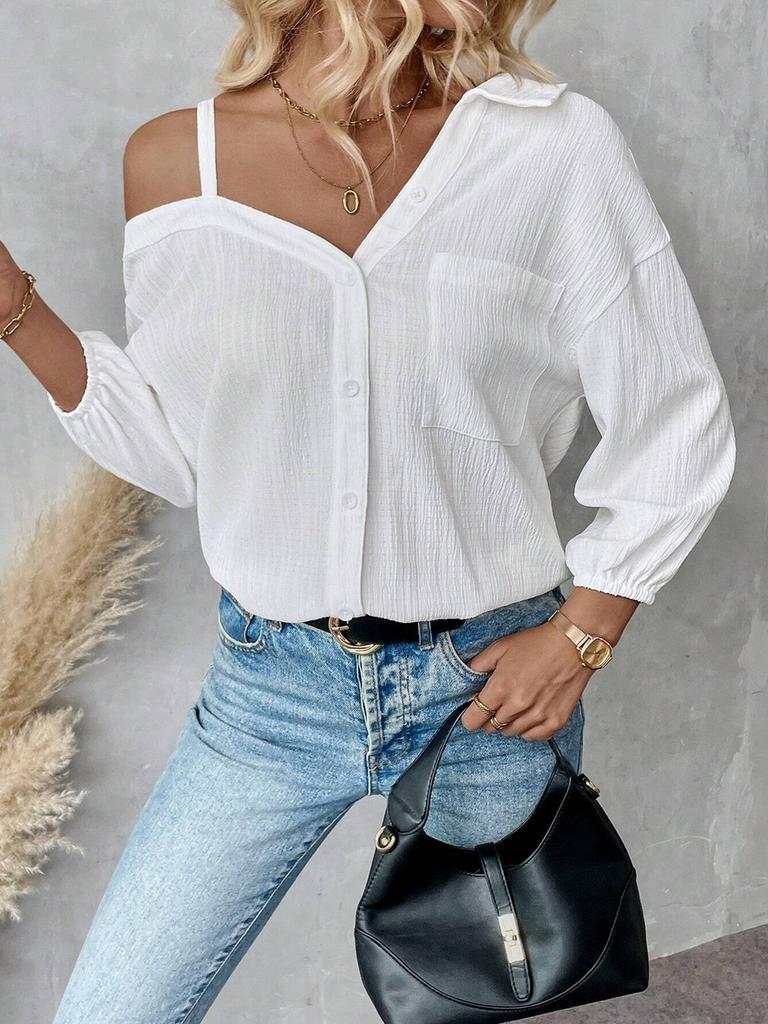 Spring Summer Open Collar 7/8 Sleeve Mesh Texture Button-Down Casual Shirt
