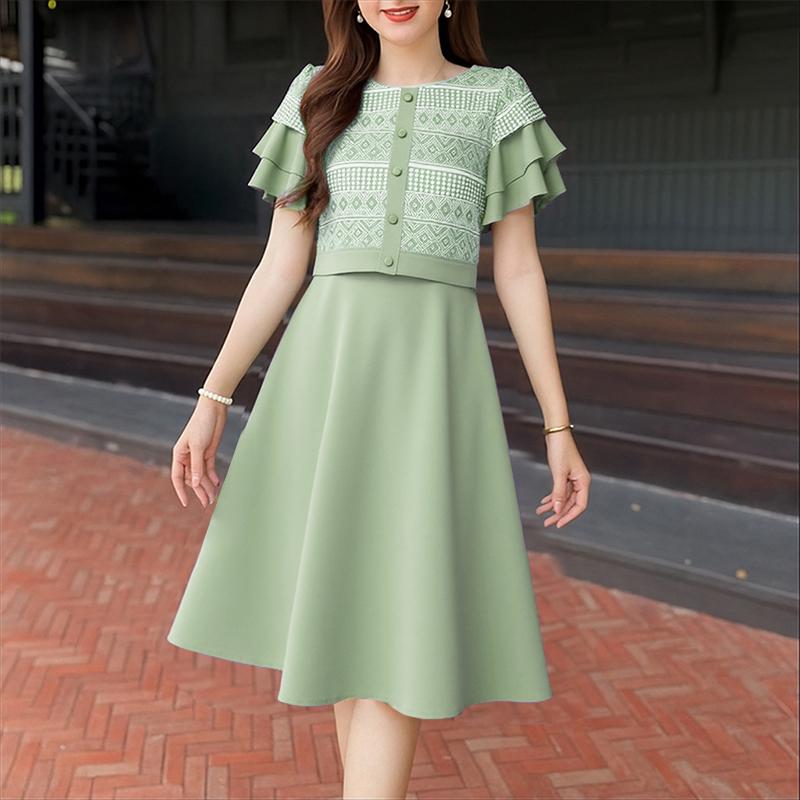 

ZANZEA Women Elegant Round Neck Ruffles Short Sleeve Print Patchwork Dress S зелений