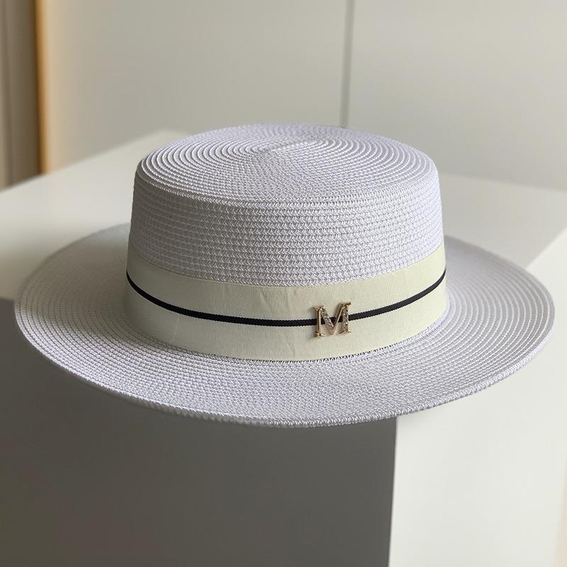 Hat Women's Summer Versatile Fashion Rhinestone M Standard Flat Top Straw Hat Seaside Vacation Sun Hat Sunscreen Big Eaves Hat Tide