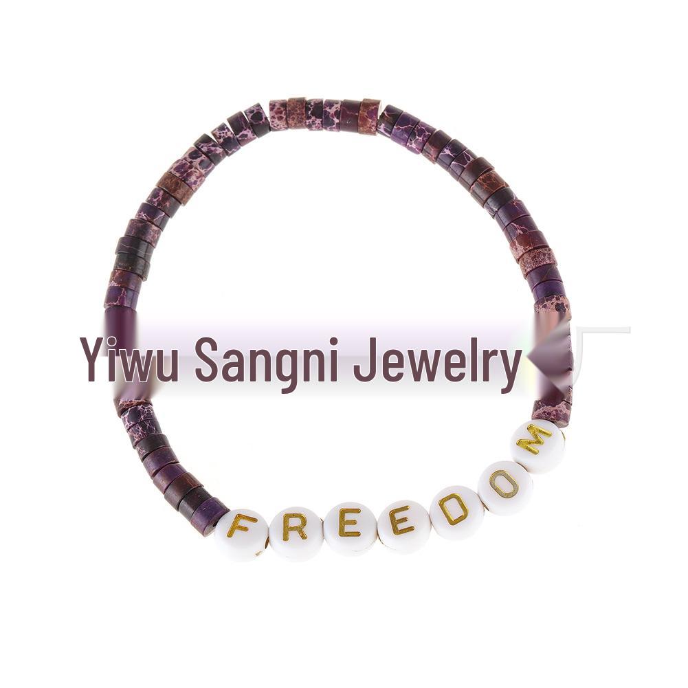 Unisex European & American Natural Stone Beaded Elastic Bracelet with English Letter