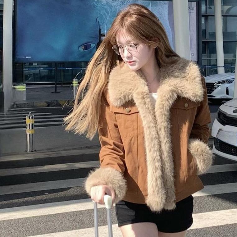 Fashionable Brown Plus Velvet Denim Jacket Women's Rabbit Fur Collar All-match Slimming and Thickening Trend Cotton Jacket