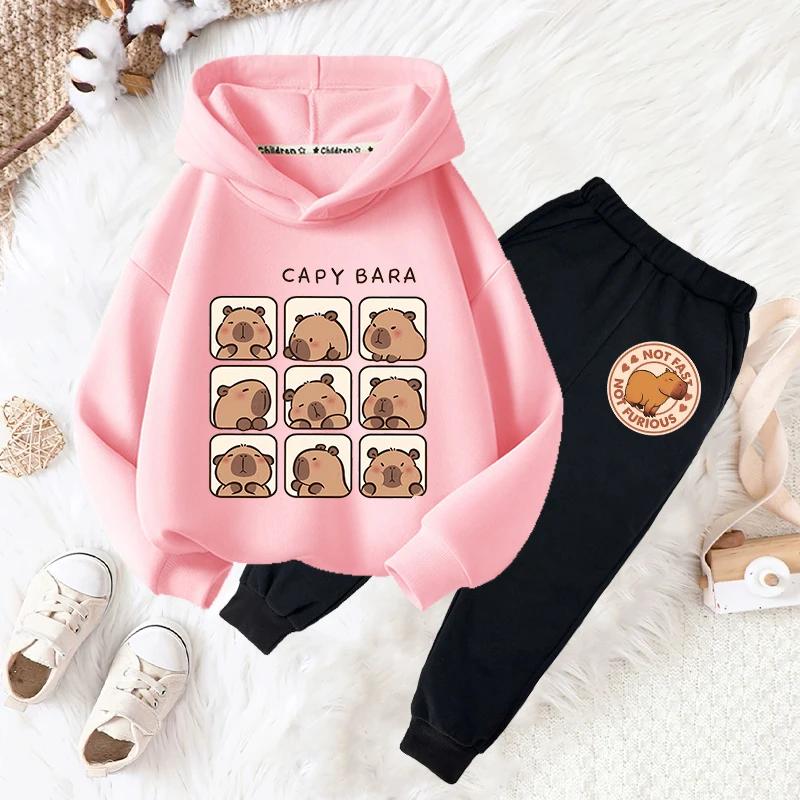 Capybara Getränk Bubble Tea lustiger Aufdruck Mädchen Mode Set Kinder Herbst und Winter Freizeit Bequem Warm Hoodie + Hose Zweiteiler Set
