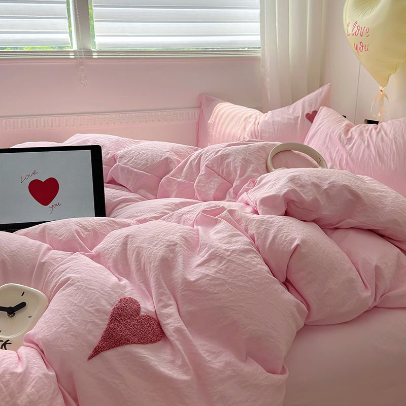 Cute Pink Heart Bedding Set Ins Nordic Embroidery Bed Sheet Set Of Four Pieces Home Luxury Duvet Cover Set For Girls