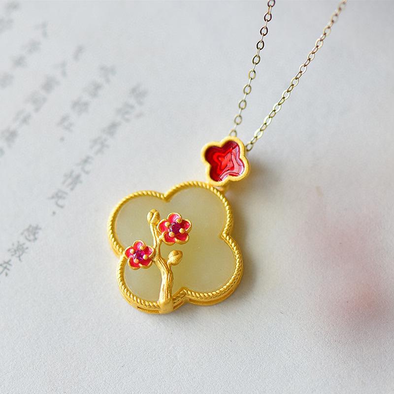 Four-Leaf Clover Earrings, Ancient Style With Hanfu Classical Painted Enamel Imitation Natural Hetian Jade Earrings, Necklace, Bracelet Ring.