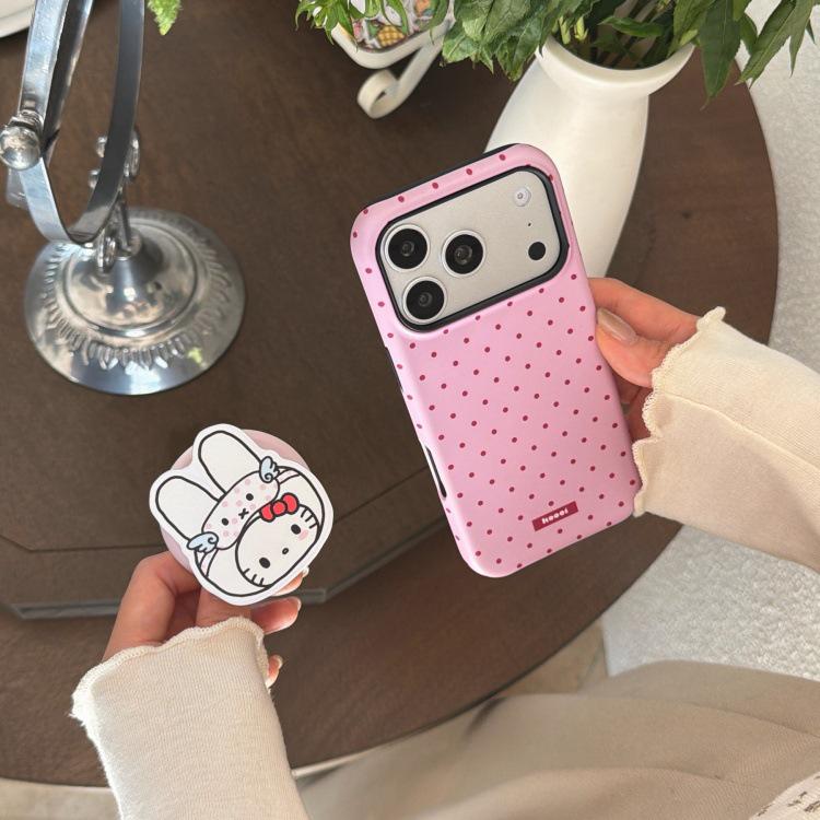 Japanese Korean Pink Polka Dot Magnetic Phone Case for iPhone 15 Pro/16 Pro Max, Small Rabbit Design