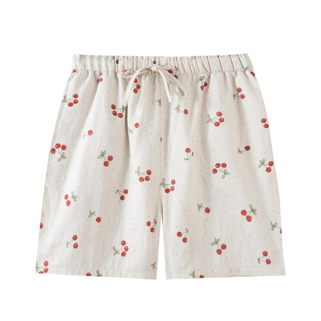 Damen Baumwollgaze Pyjamashorts mit Kirschen-Print - Leichte Sommer-Homewear, Vielseitig für den Außenbereich