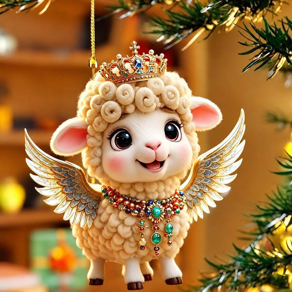 Crown Christmas Sheep Ornament 2D Acrylic Christmas Hanging Ornament  Car Rearview Mirror