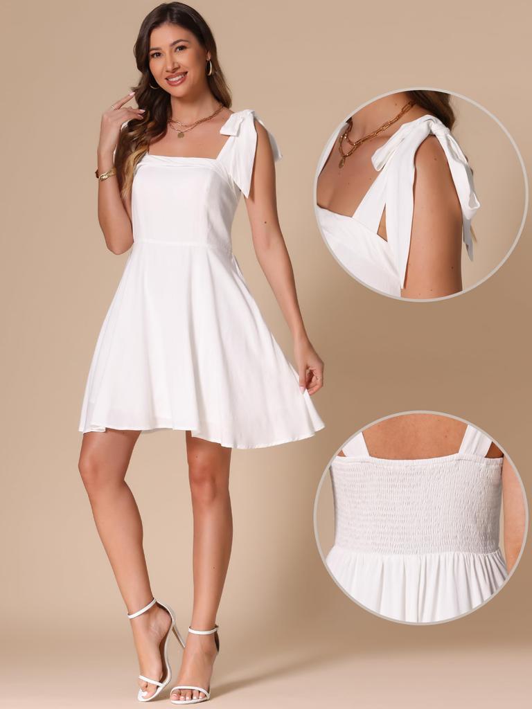 Allegra K Women's Square Neck Tank Casual Dress, Sleeveless Smock Dress, White, Size M