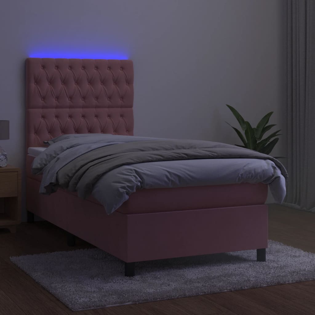 Box Spring Bed with Mattress & LED Light Pink 100 x 200 cm Velvet