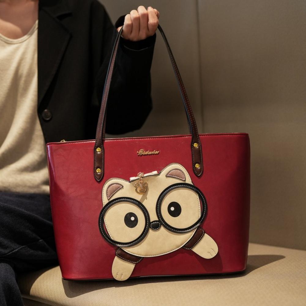 Women'S Large Capacity Red Tote Bag With Cute Panda Face Heart Cutouts Casual Outing Bridal Party Accessory Playful Design Fashion Handbag Lovers