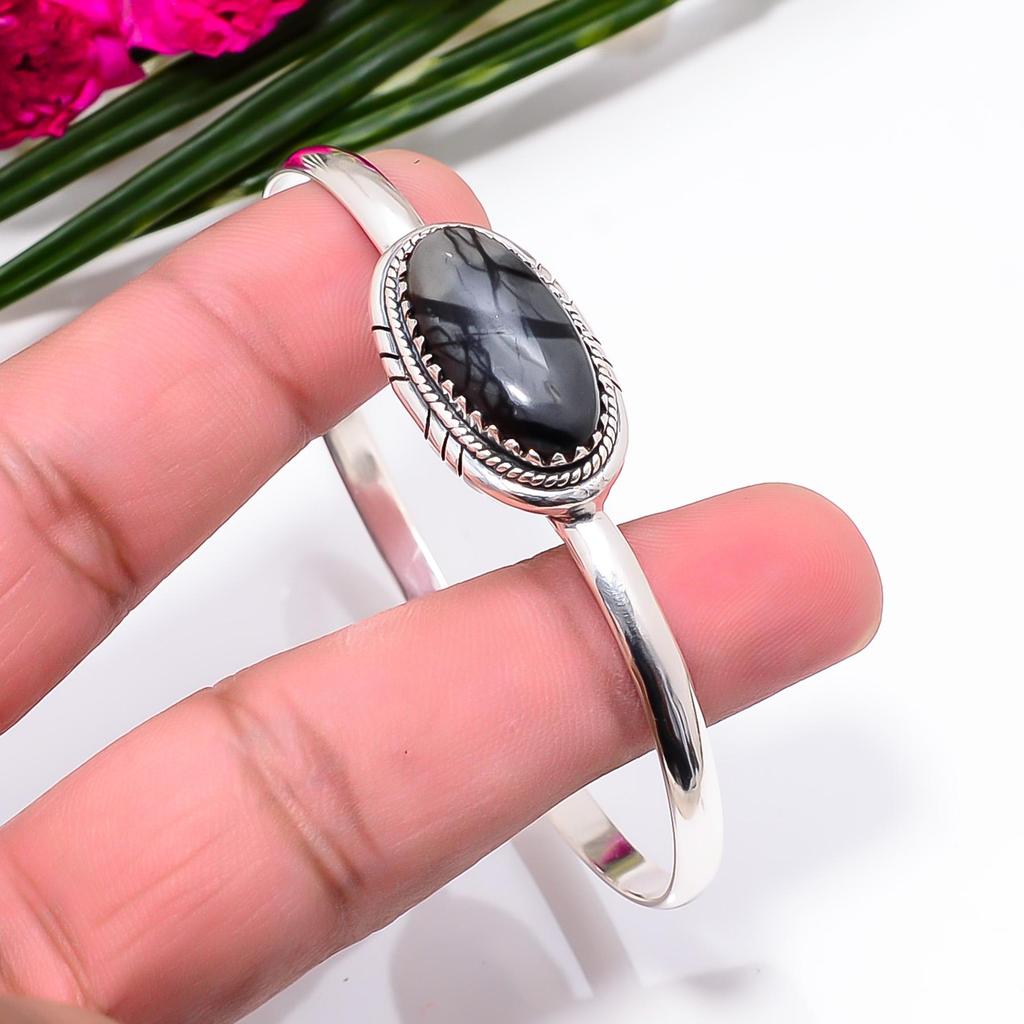 Handmade 925 Sterling Silver Picasso Jasper Gemstone Bangle Cuff-Adjustable Birthstone Bracelet Beautiful Gift For Her