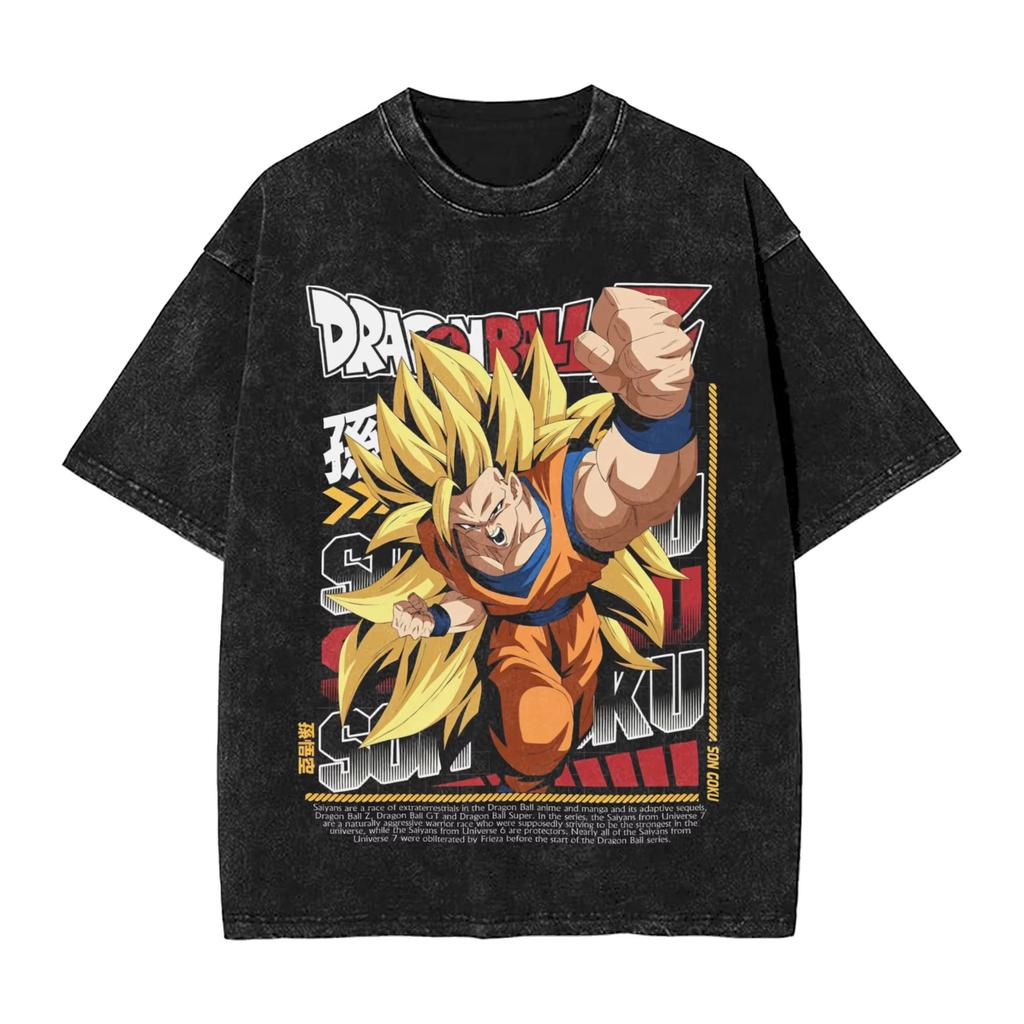 Dragon Ball Anime Washed T-Shirt Vintage Goku Vegeta Print Cotton Short Sleeve Loose Fit Men Women Casual Wear