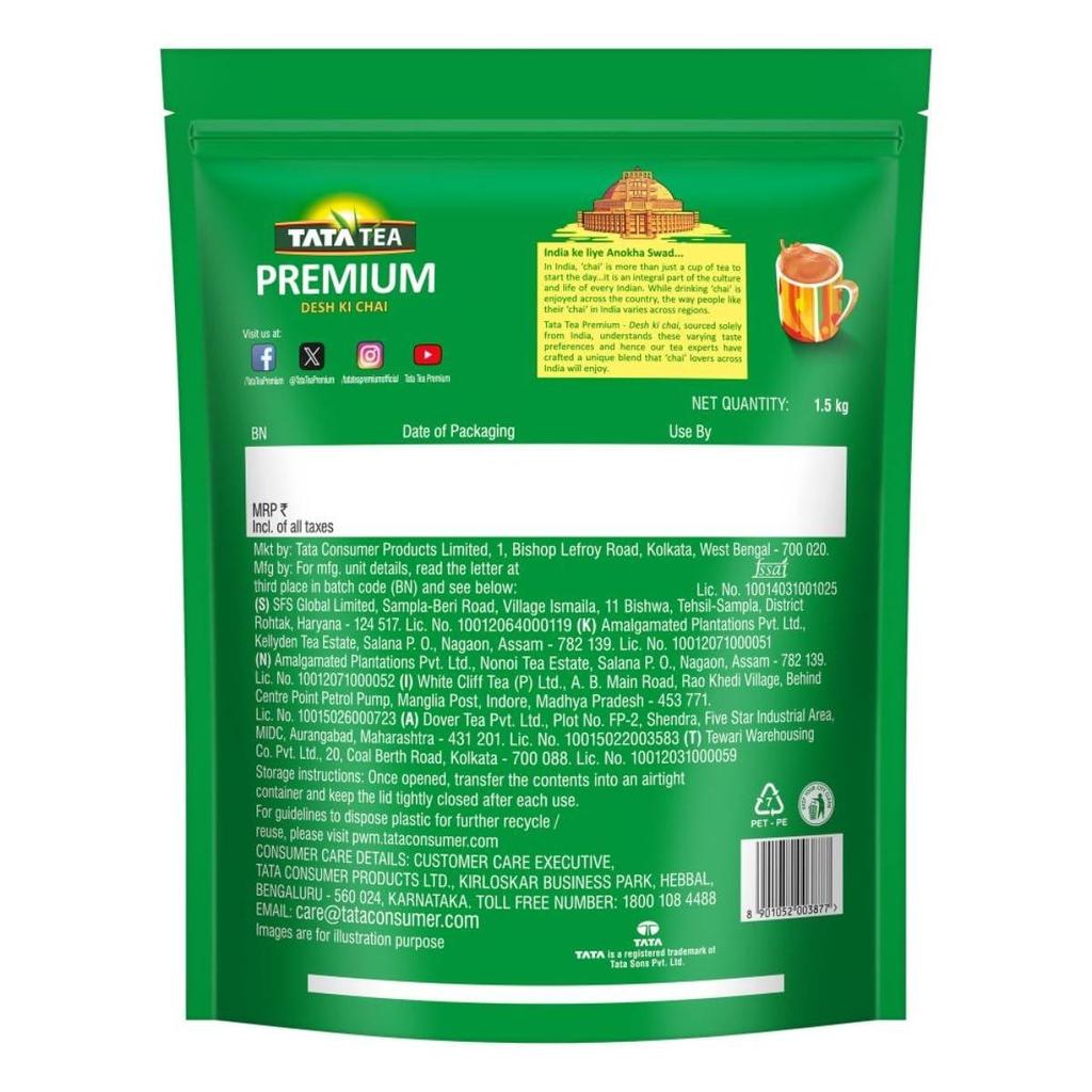 Tata Tea Premium | Desh Ki Chai | Einzigartige Mischung für Chai-Liebhaber in ganz Indien kreiert | Schwarzer Tee | 1,5 kg