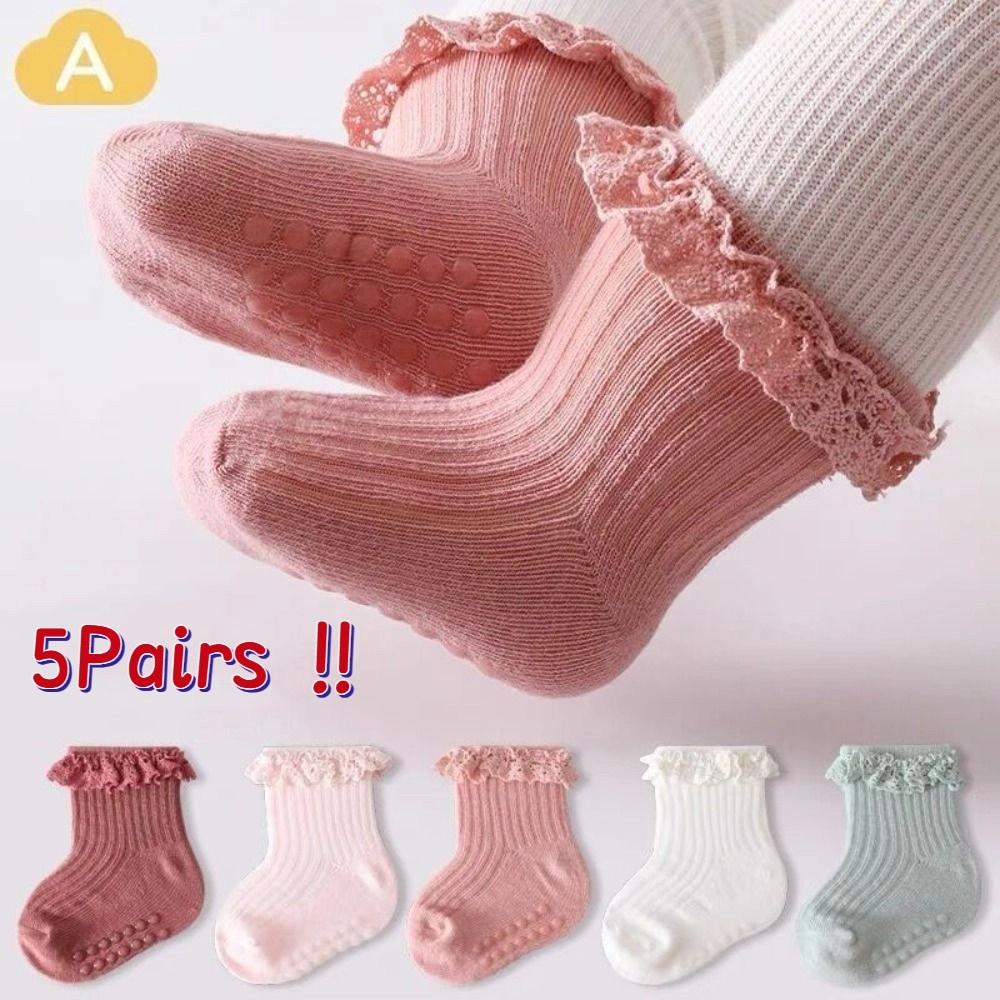 5Pairs Lace Kids Tube Sock Non-slip Toddle Walking Socks Sweet Baby Ruffle Socks  Princess