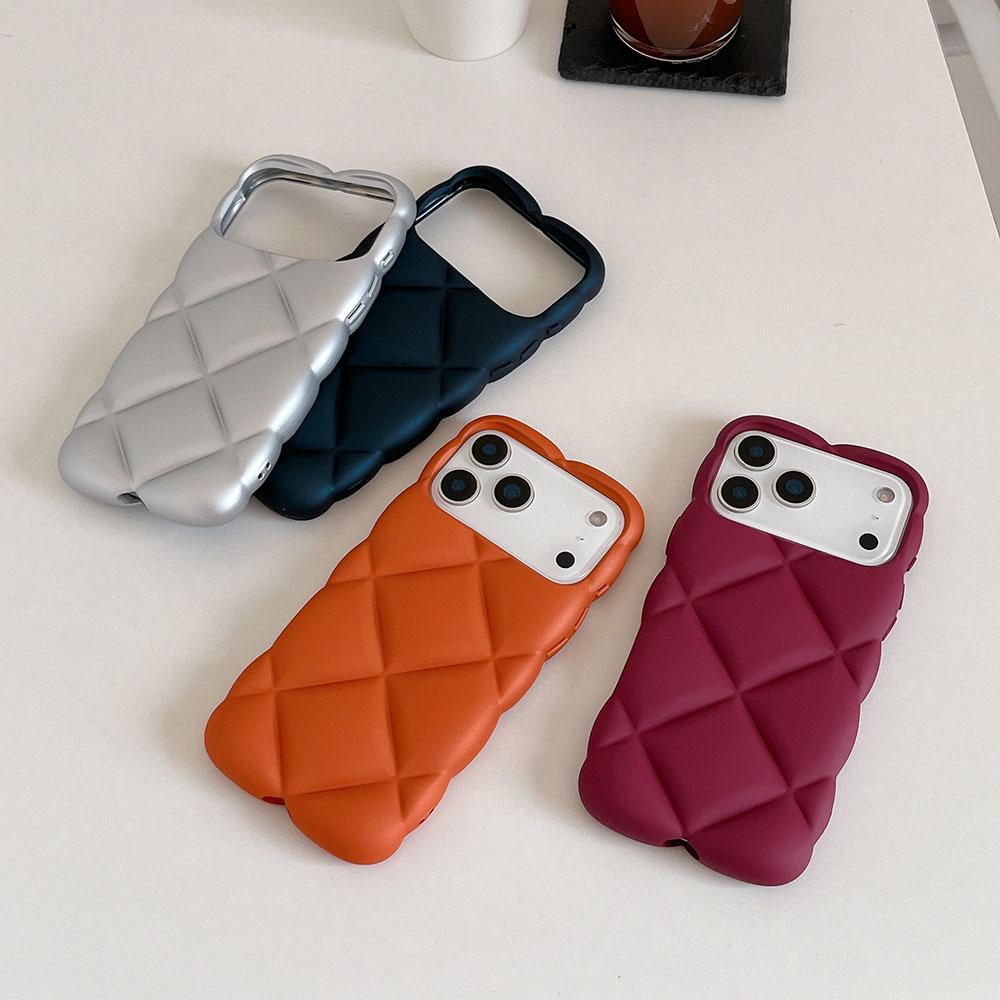 Matte Orange 3D Diamond Pattern Phone Case For iPhone 17 16 15 14 13 12 11 Pro Max Soft Shockproof Silicone Cover Girls
