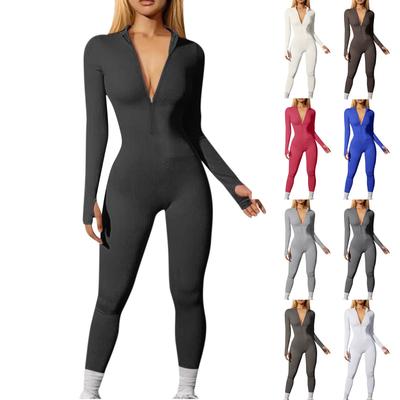 Women's  Solid Color Sports Casual Jumpsuit Long Sleeved Zippered Jumpsuit Long Pants Tight Fitting
