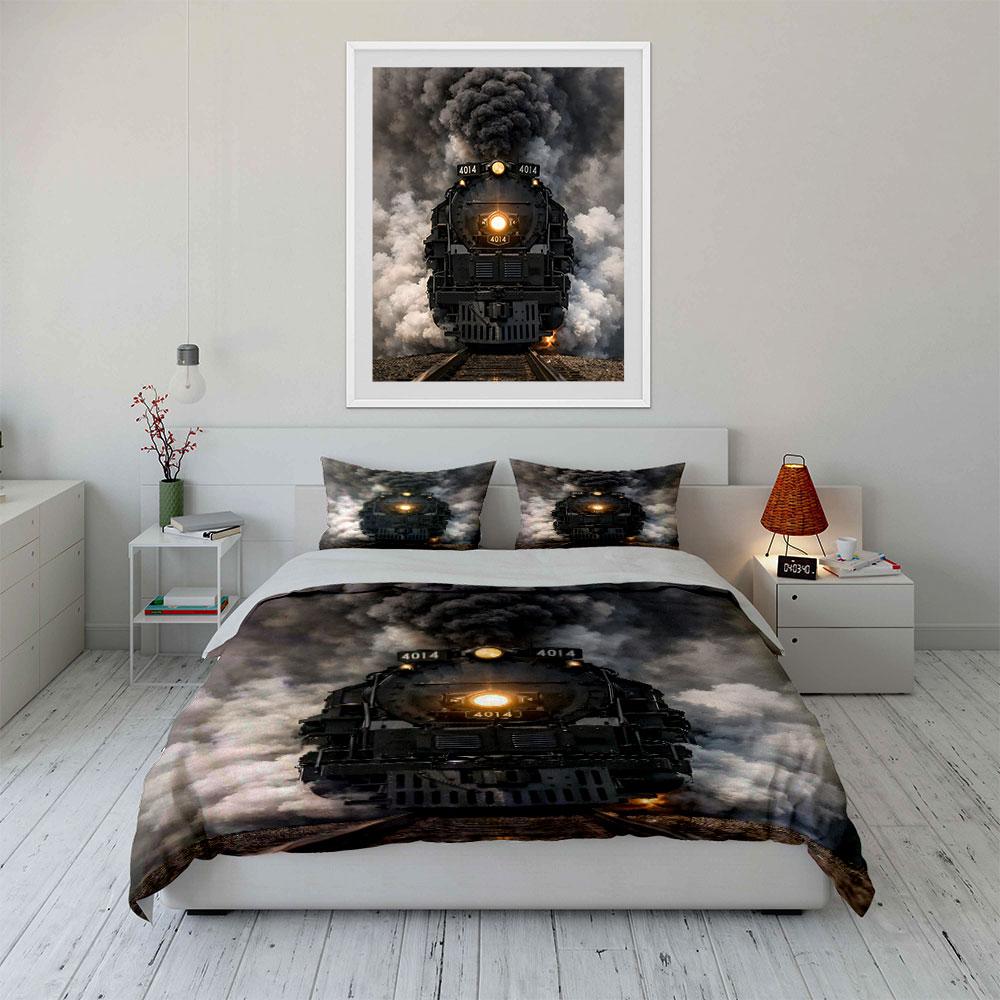 Steam Train with Smoke 4014 Bedding Duvet Cover Set (1*Duvet Cover 2*Pillowcases, without duvet insert)