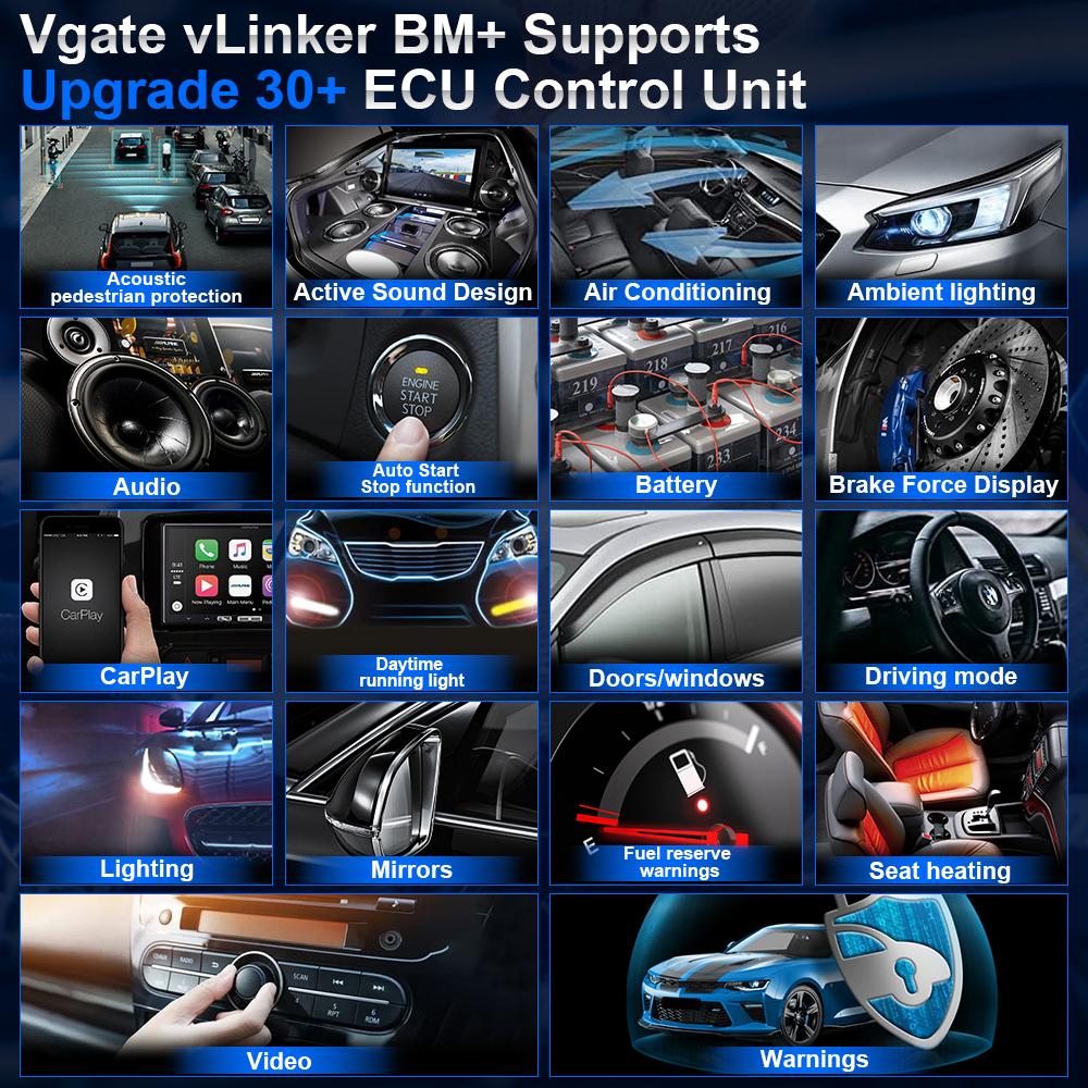 Vgate VLinker BM+ Nástroj pro skenování OBD pro automobily BMW Flashování Skrytý Bimmercode Dedikovaný ELM327 Bluetooth 4.0 Pro Android IOS Nástroj pro skenování a čtení kódů automobilů