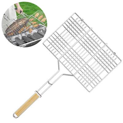 Rejilla Portátil de Acero Inoxidable para Parrilla Barbacoa al Aire Libre Cesta para Asar Pescado Mango de Madera Herramienta para Barbacoa Camping Picnic Cocina