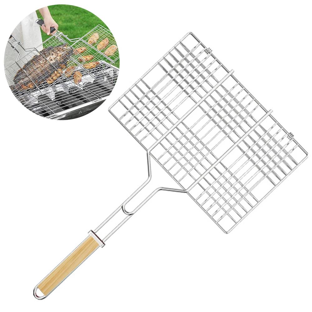 Rejilla Portátil de Acero Inoxidable para Parrilla Barbacoa al Aire Libre Cesta para Asar Pescado Mango de Madera Herramienta para Barbacoa Camping Picnic Cocina