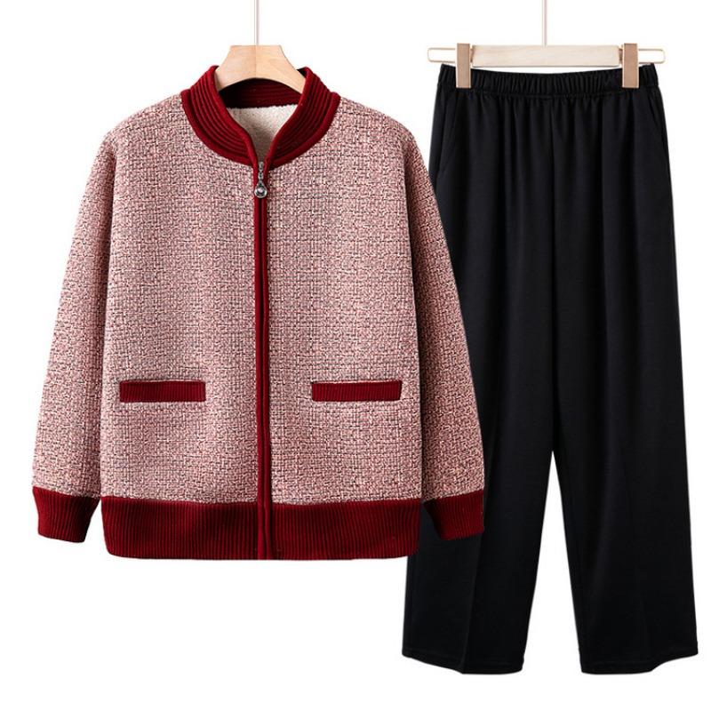 Middle-aged and Elderly Autumn and Winter Clothes, Plush and Thickened Sweater Set, Grandma's New Cardigan Jacket, Mom's Autumn Knitted Sweater.