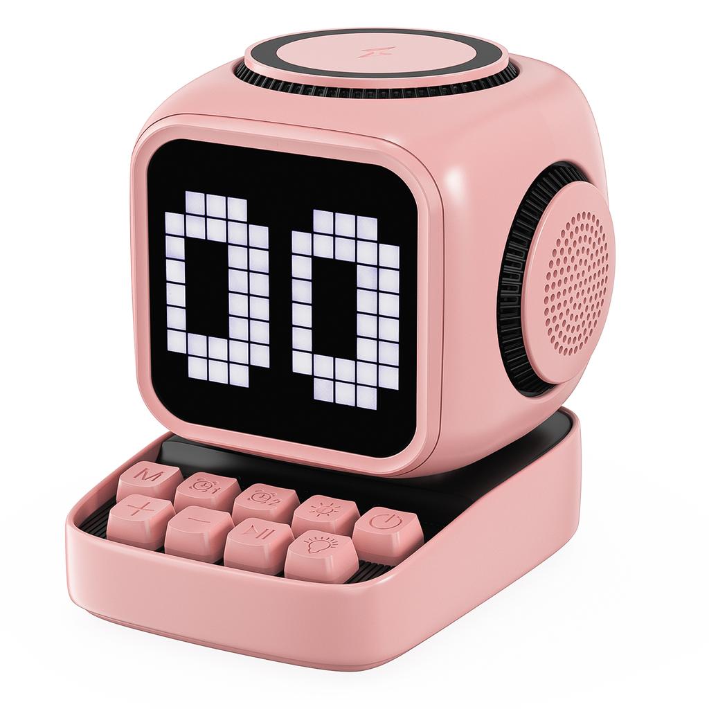 Wireless Charger Stand Retro Pixel Art Bluetooth Portable Speaker Alarm Clock LED Display Board Cute Gift Home Light Decoration