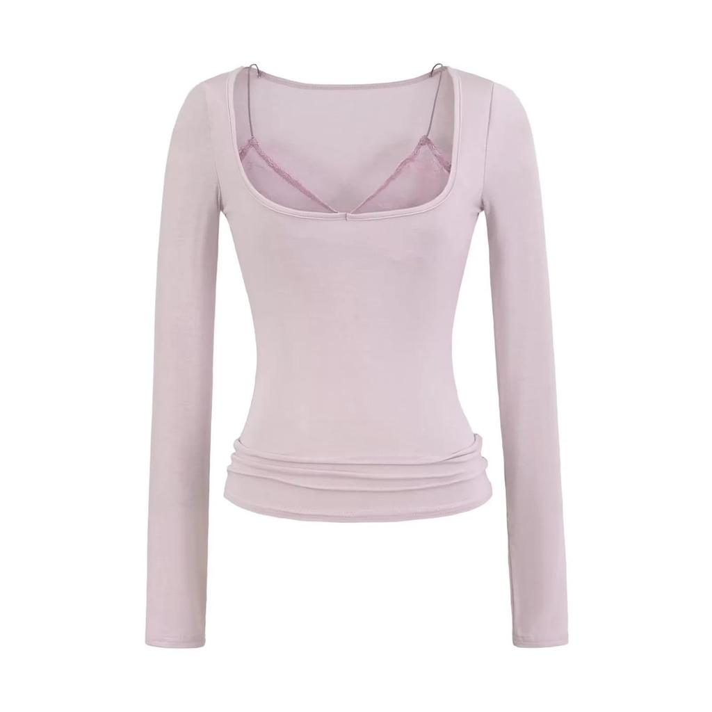 Women's Patchwork Lace Trim Slim Fit Long Sleeve T-Shirt for Spring/Autumn - Spicy Girl U-Neck Two-Piece Style