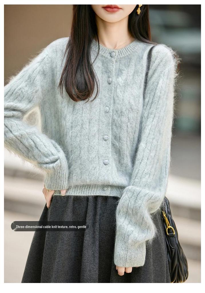 2026 Autumn/Winter Women's Cashmere Wool Cable Knit Cardigan Sweater, Round Neck, Long Sleeve, Brushed Yarn.