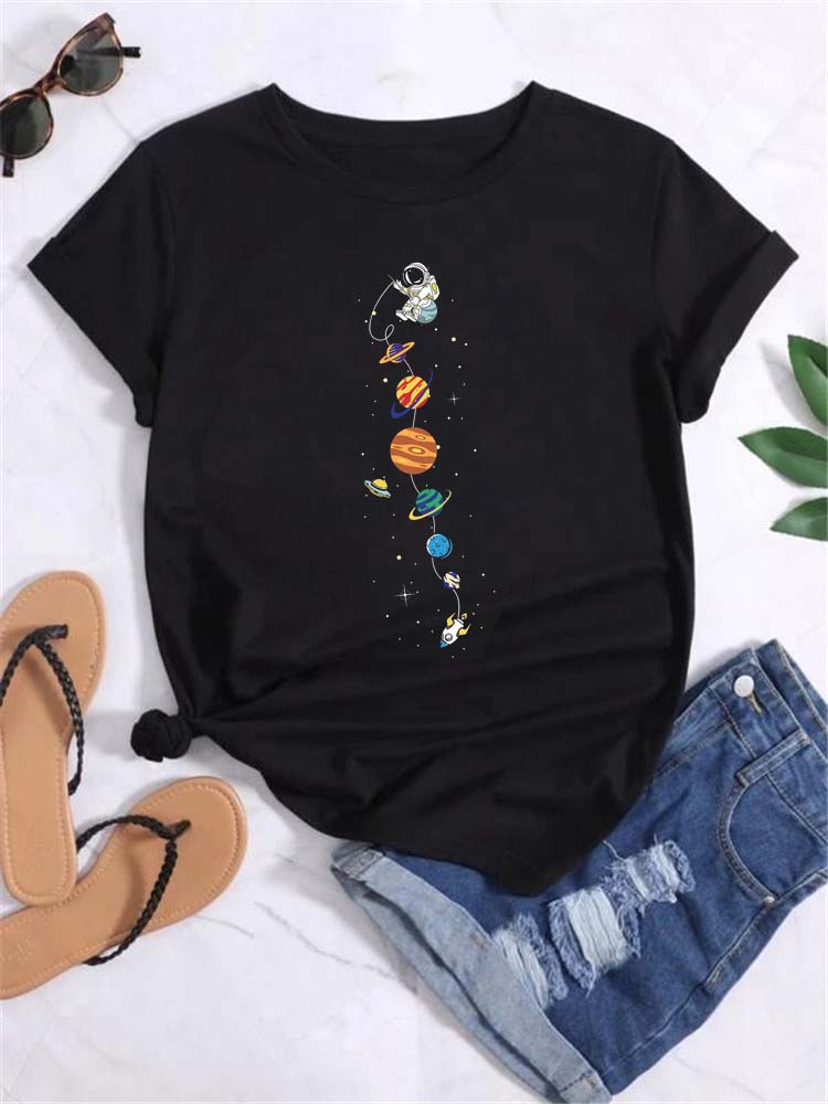 Cute Astronaut Planet Graphic Print Women TShirt Cartoon Short Sleeve ONeck Shirt Casual Female Tops Womens Clothes M